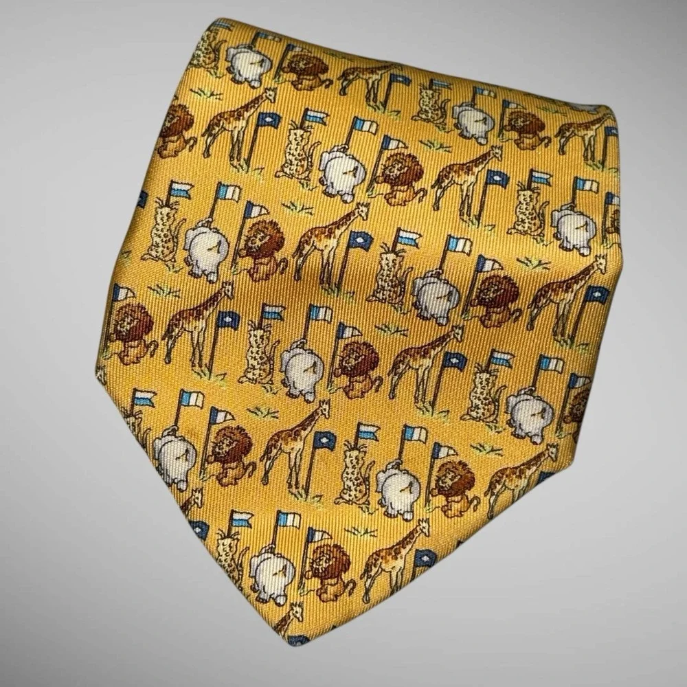 Salvatore Ferragamo Authentic‎ Men Tie Animal Pattern Silk Necktie Yellow